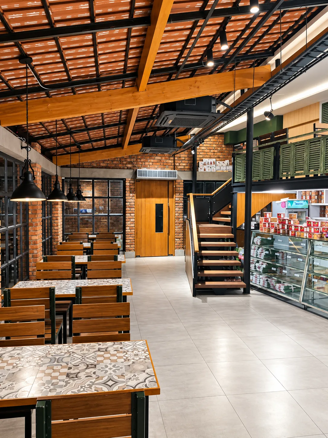 Textured brick veranda and gridded windows