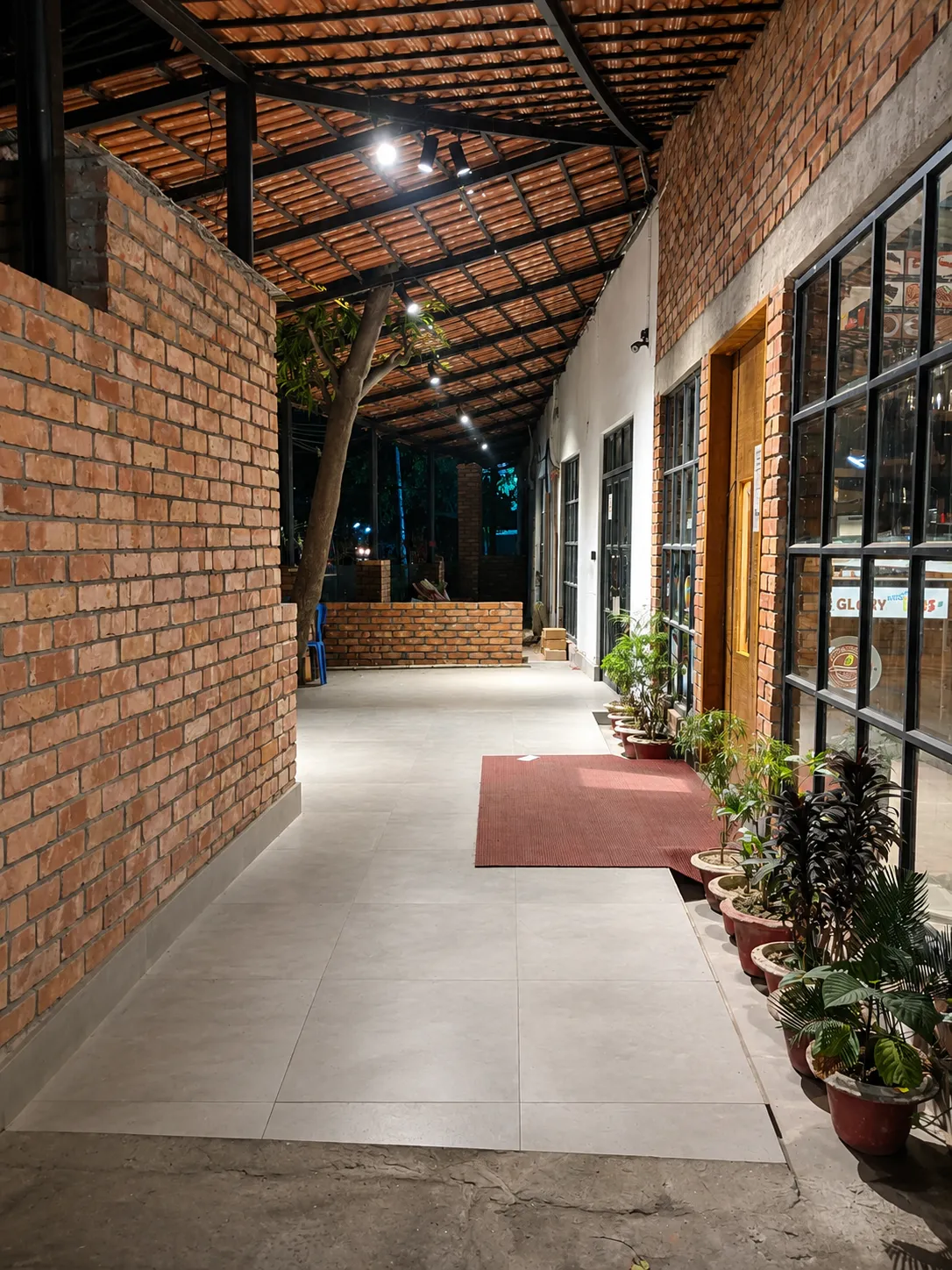 Clay tile ceiling and pitched timber beams