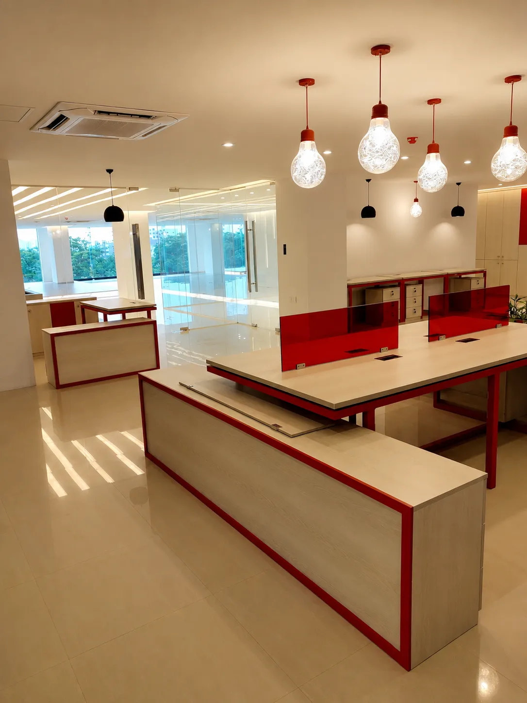Collaborative workstations with red accents