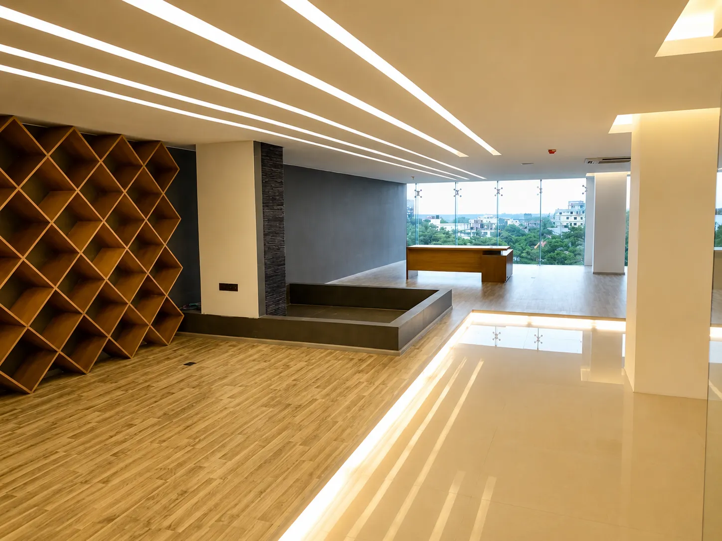 Diamond-lattice timber library bookshelf