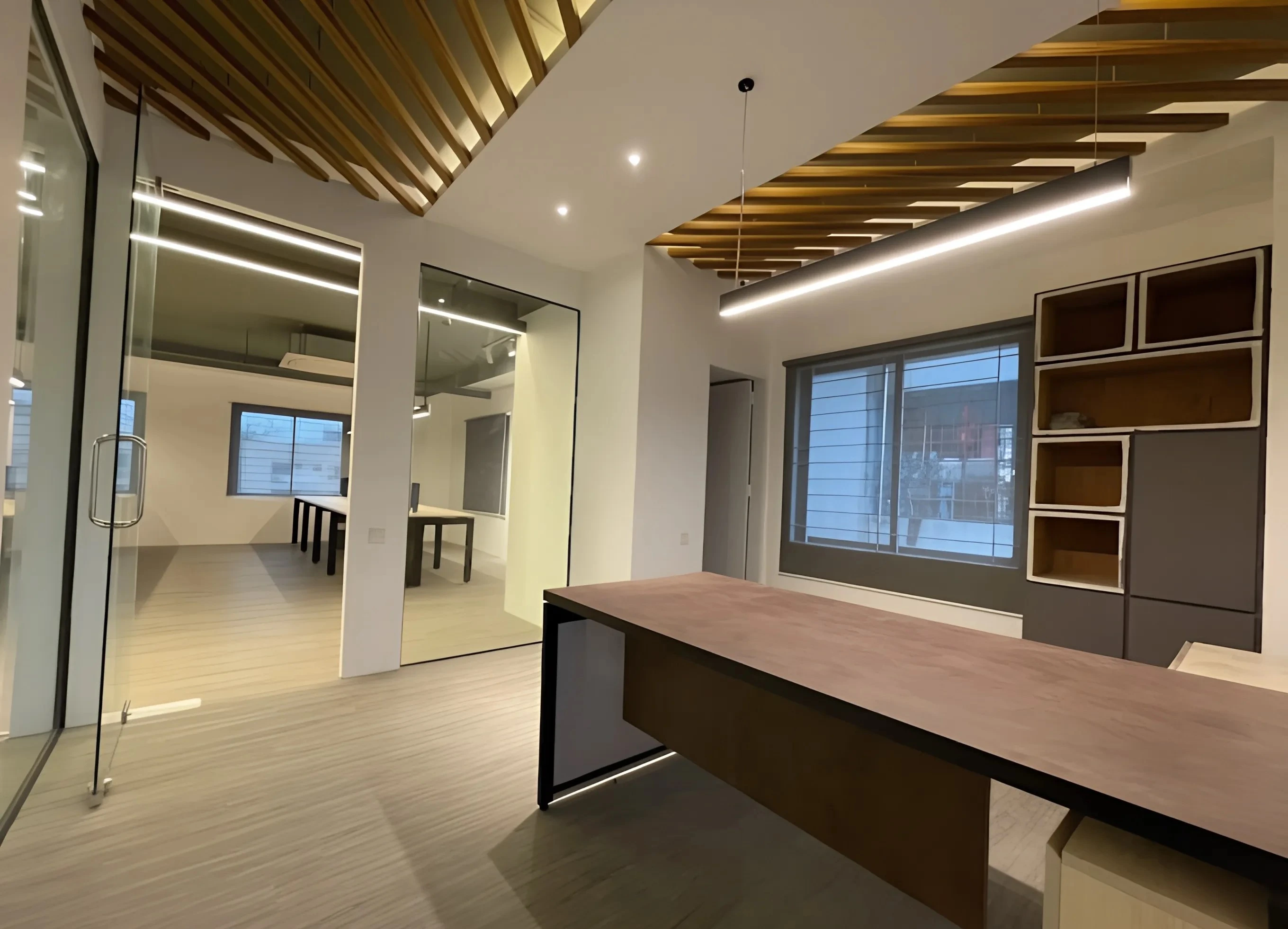 Sleek gridded partition and reception desk