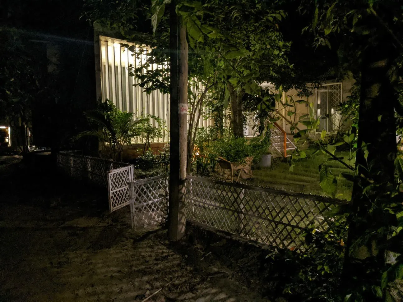 Rustic timber details and landscaped gardens