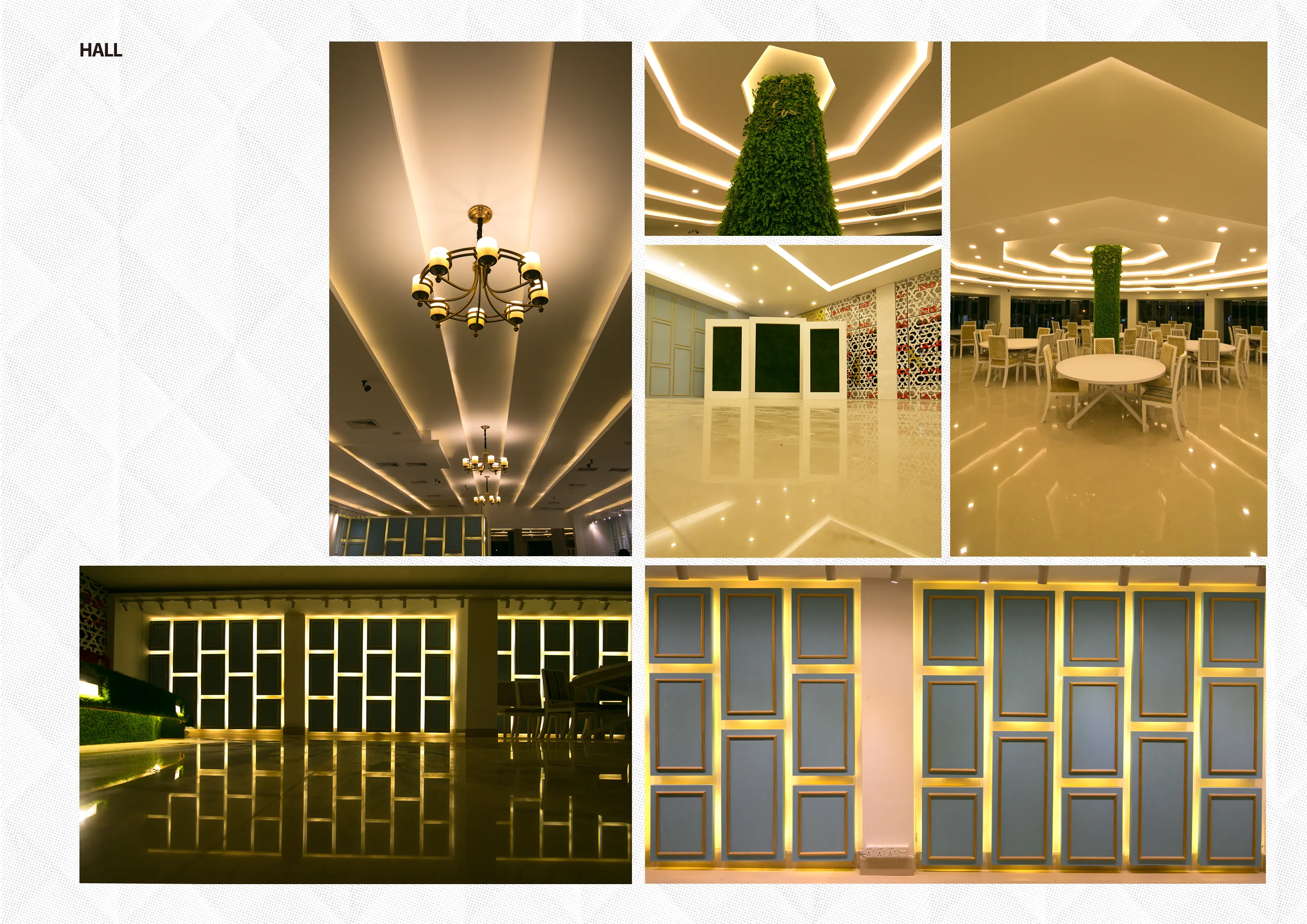 Neo-classical banquet hall with blue wainscoting