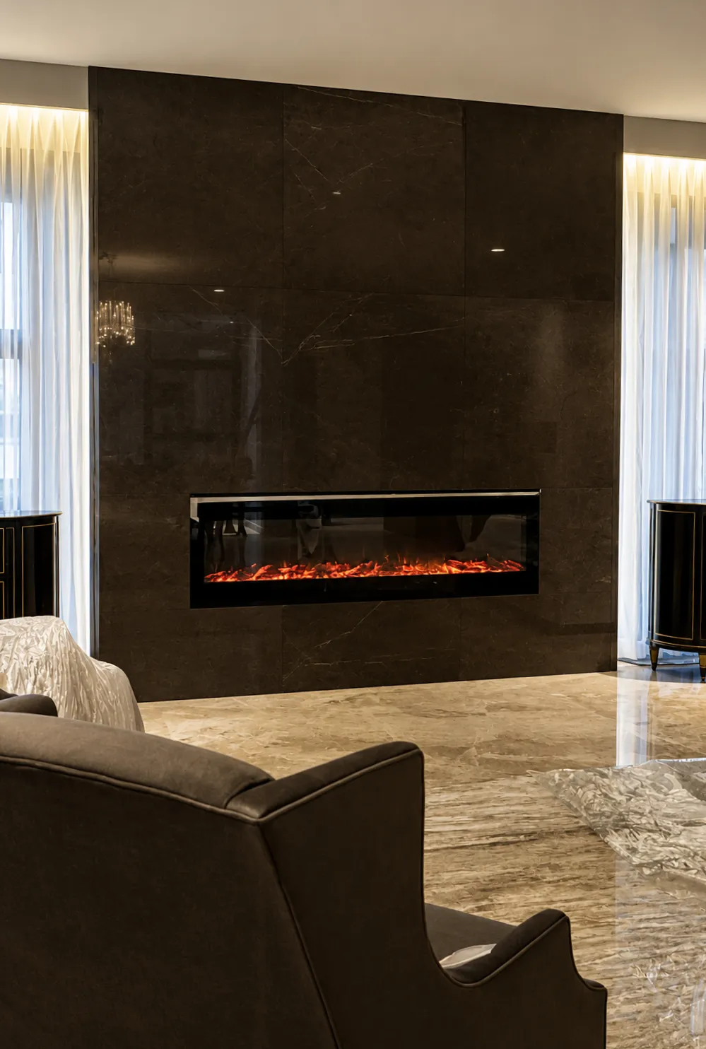 Family lounge split-stone fireplace focal point