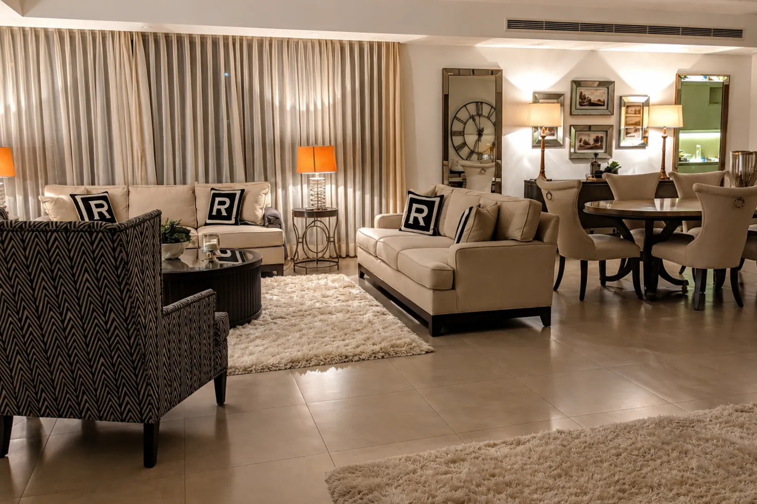 Floral-wallpapered master bedroom wainscoting